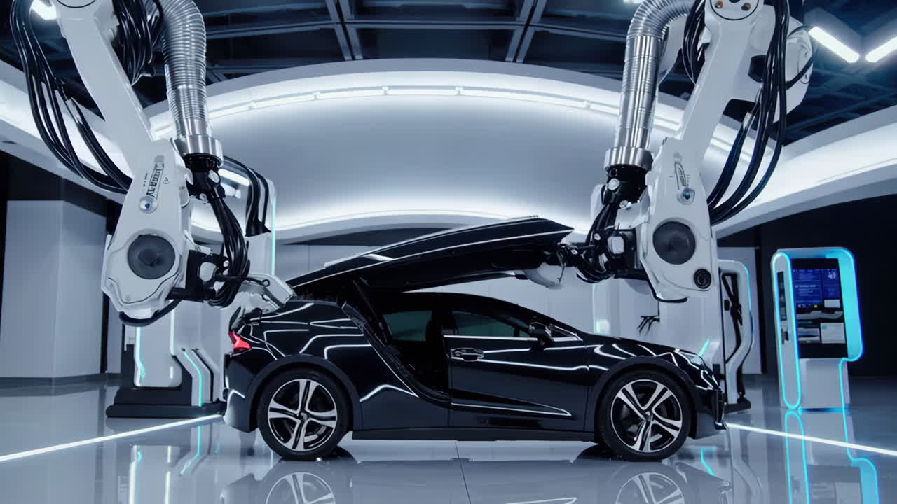 Robotic Assembly of Futuristic Electric Car in Modern Factory
