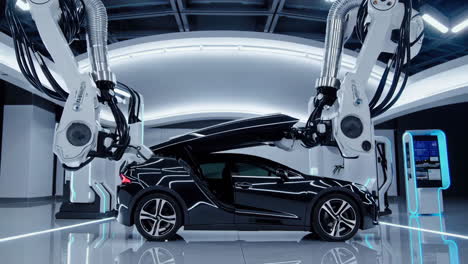 robotic assembly of futuristic electric car in modern factory