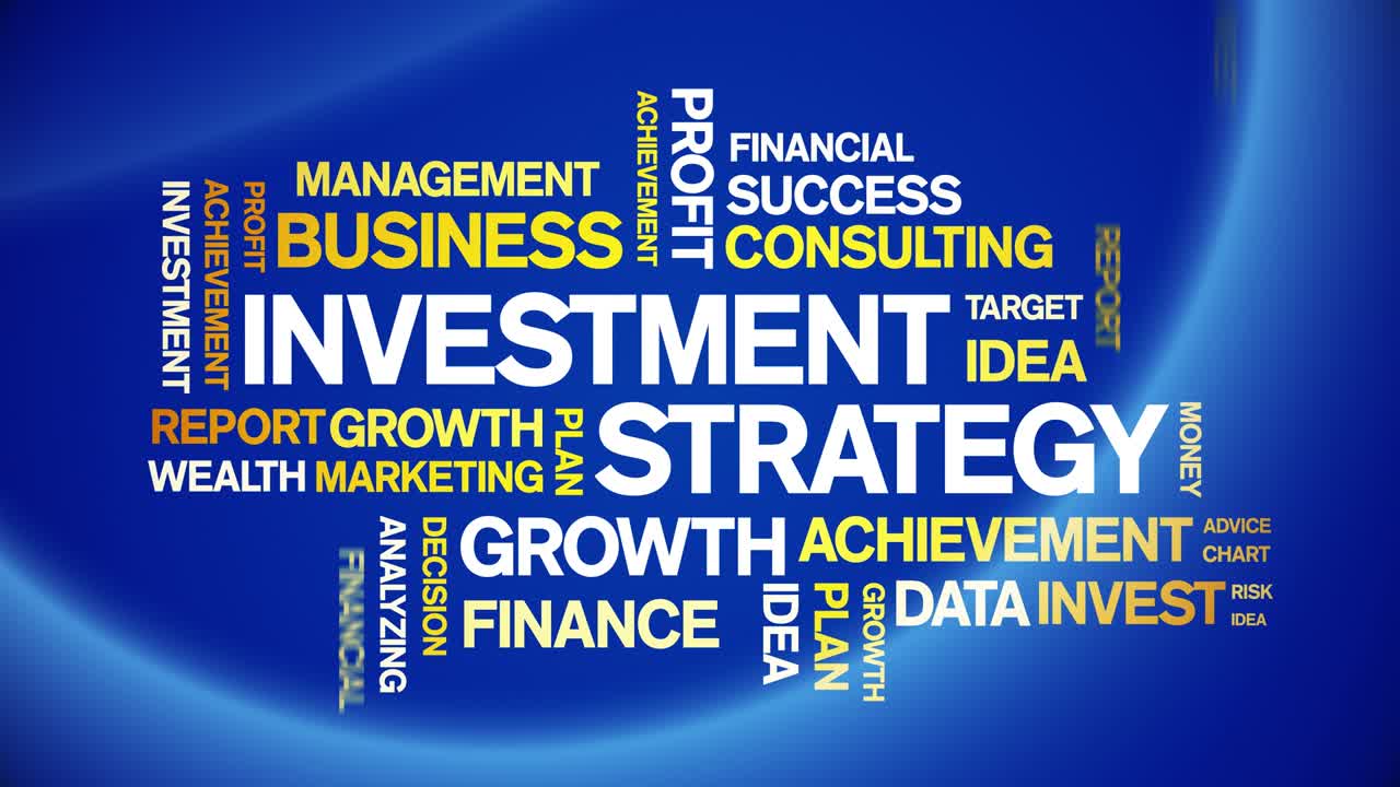 4k 투자 전략 애니메이션 태그 단어 구름, 텍스트 애니메이션 원활한 루프