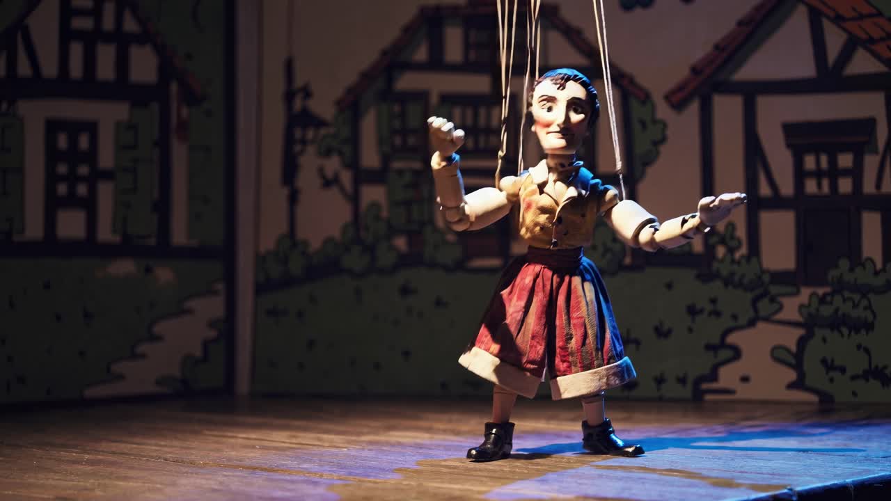 A low-angle video shot of a marionette puppet on a stage, set against a painted village backdrop