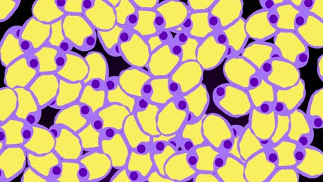 Animation-of-yellow-and-violet-cells-moving-on-black-background