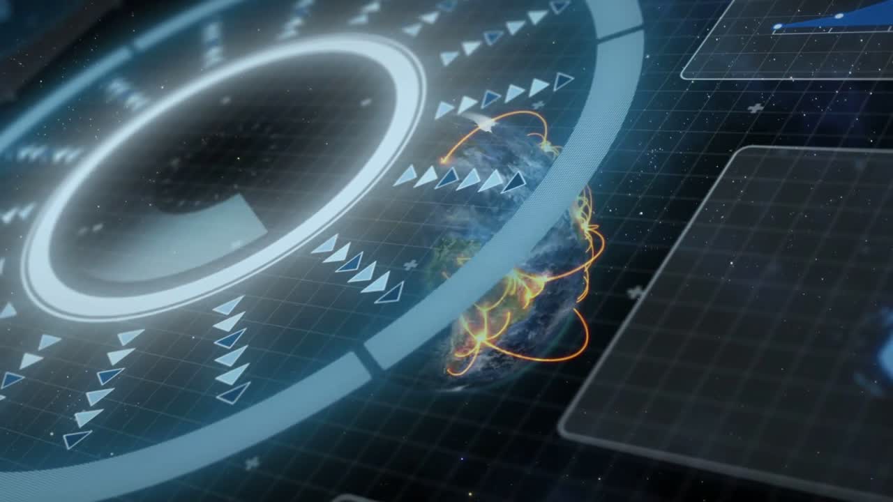 Vertical video: Rotating HUD ring shifting markers on grid, creating scan arcs on globe, copy space