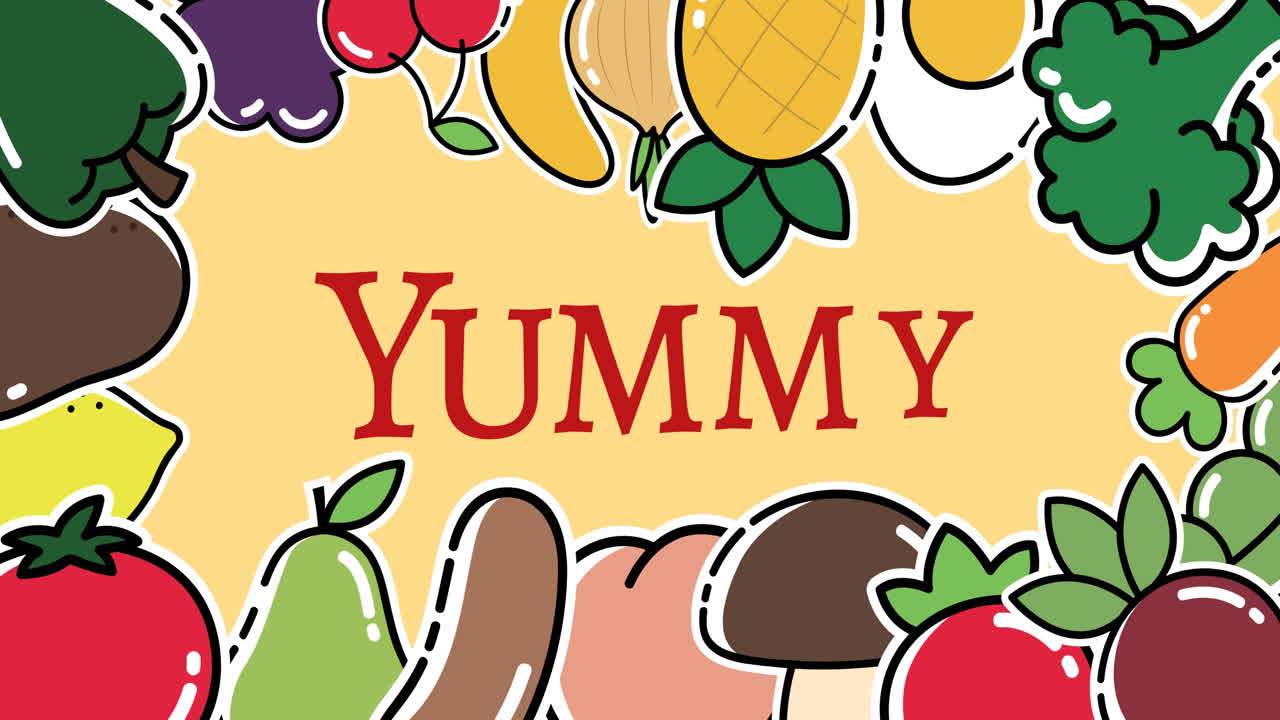 노란색 배경에 맛있는 텍스트 위에 채소의 움직이는 프레임의 애니메이션