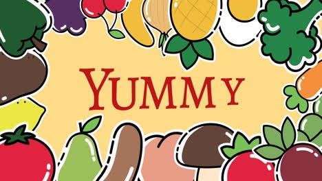 animación de un marco móvil de verduras sobre un texto delicioso sobre un fondo amarillo