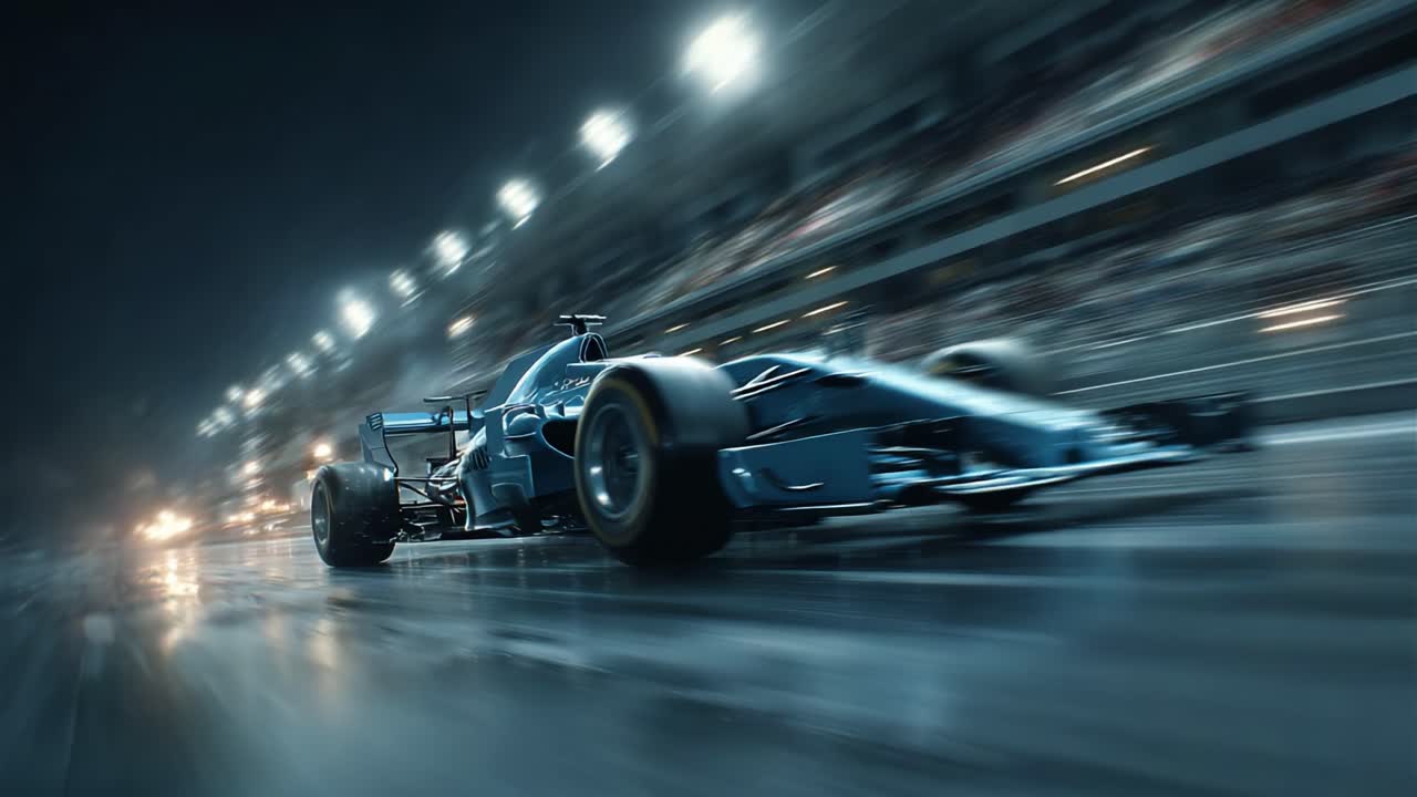 L'azione dinamica delle corse catturata in splendide sequenze ad alta velocità: l'emozione degli sport motoristici su una pista notturna piovosa