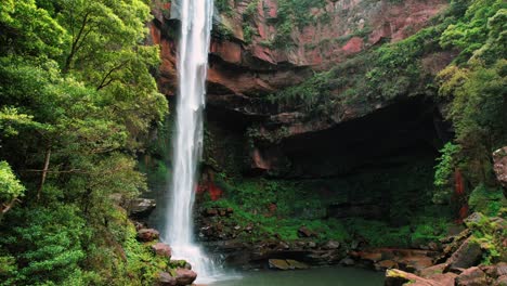 cataratas de belmore, australia, un dron muestra una enorme cascada detrás de los árboles