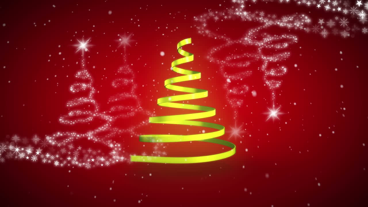 animación de navidad cinta amarilla formando árbol de navidad sobre fondo rojo