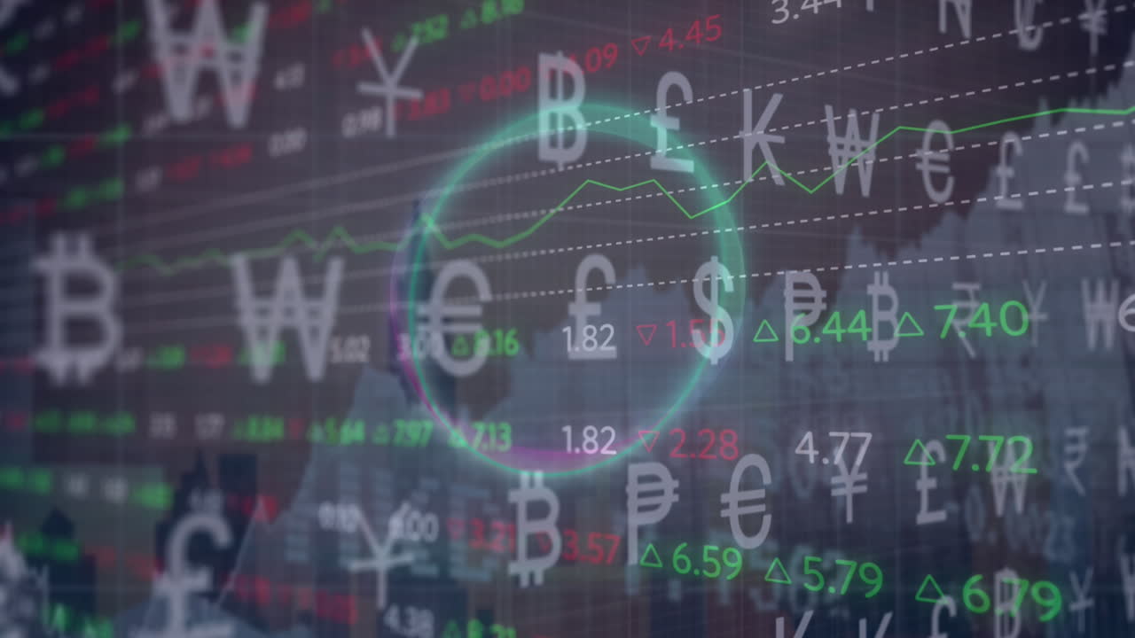 하늘을 배경으로 현대적인 건물 위에 통화 기호, 원 및 거래 보드의 애니메이션