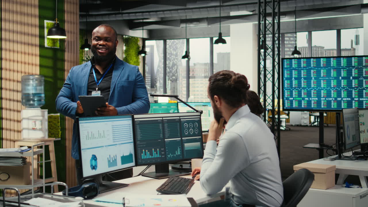 Vertical Video Corporate professional analyzes efficiency through charts and graphs