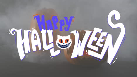 animation of happy halloween text banner against smoke effect over scary carved pumpkins