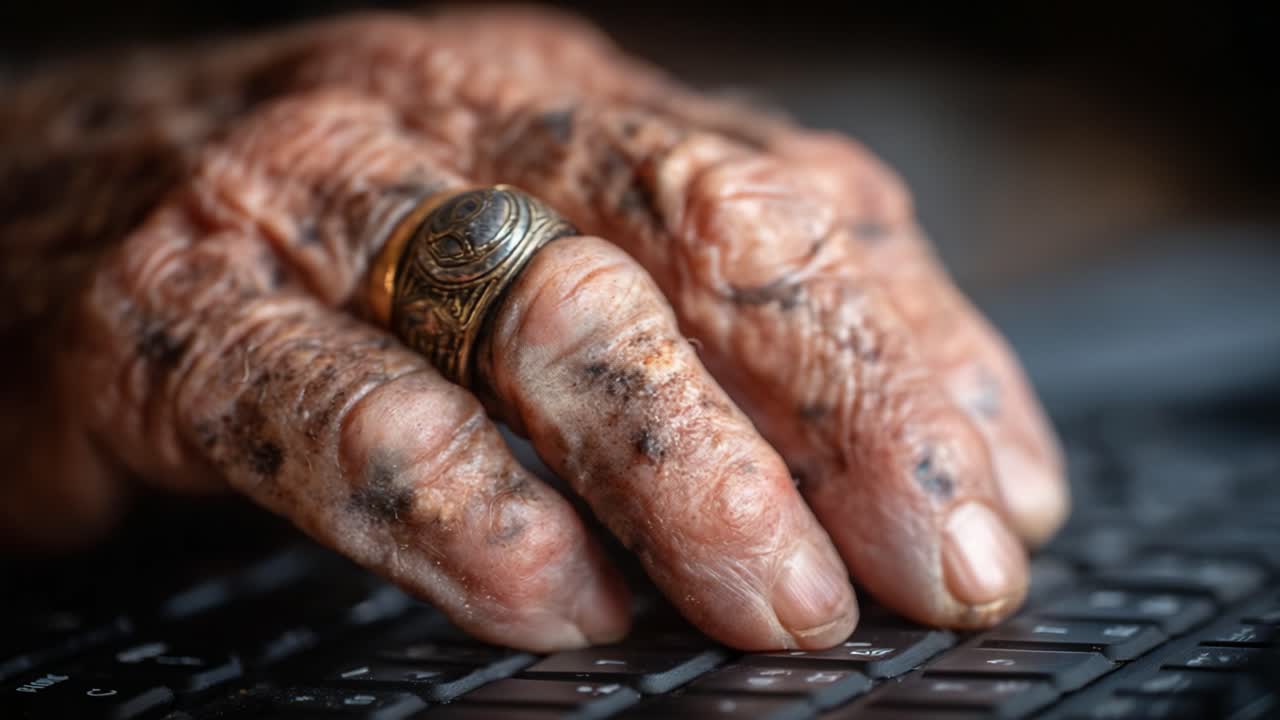 An Elderly Hand Typing on a Keyboard, Showcasing the Beauty and Experience of a Lifetime Through Timeworn Skin and an Elaborate Ring, Captured in Close-Up