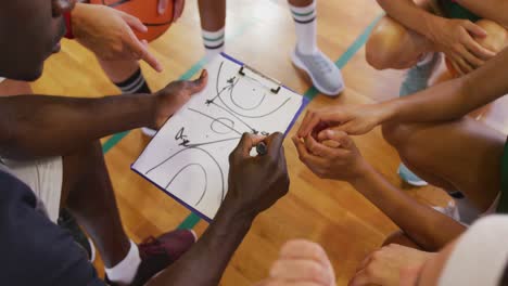 Diverse-female-basketball-team-and-coach-discussing-game-tactics