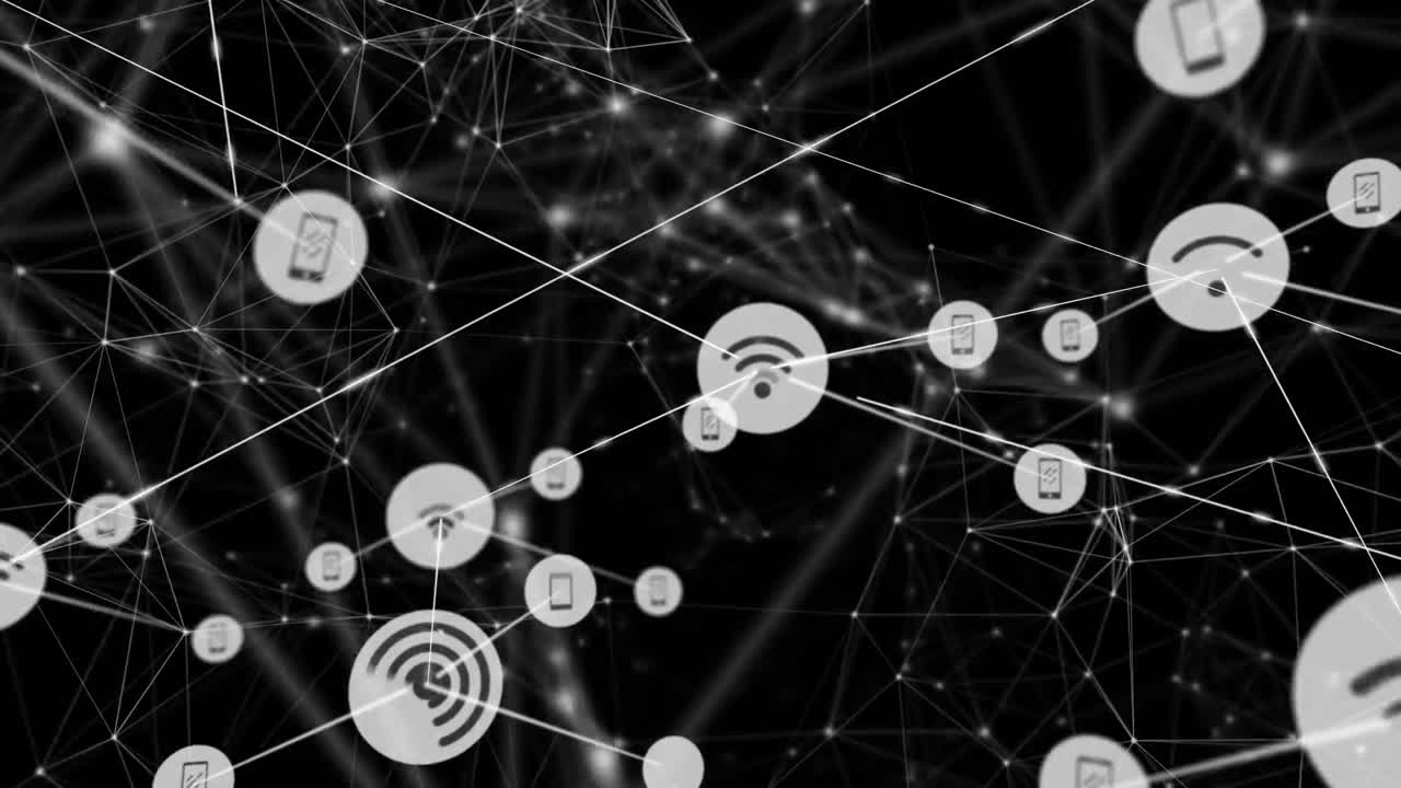 animación de la red de conexiones con iconos sobre puntos brillantes