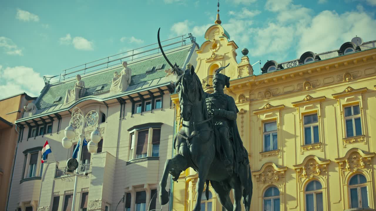 iconic equestrian statue of Ban Jelačić in front of historic buildings in Josip Jelačić Square, Zagreb