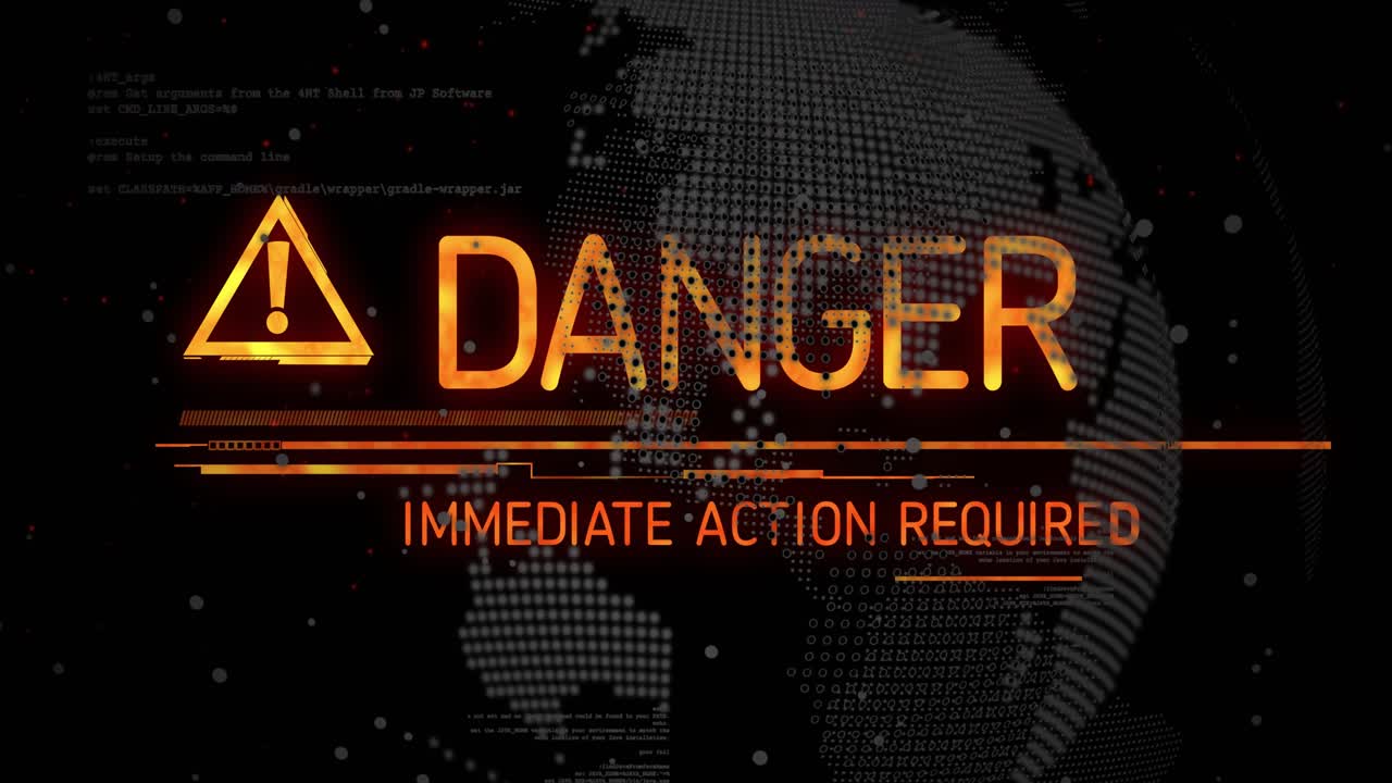 Data sweep initiating alert, triangular warning icon assembling on security globe, morphing DANGER