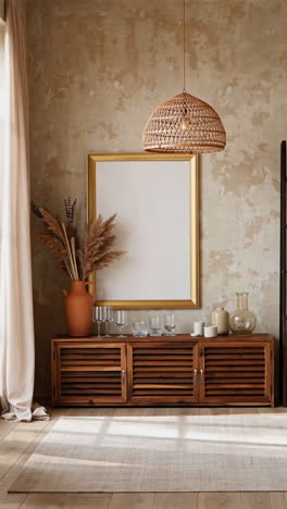 bohemian interior decor with wooden cabinet and rattan lamp