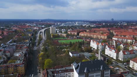 lovely aerial top view flight berlin city green soccer football field, district steglitz germany