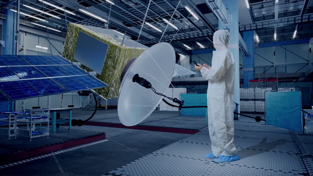 아시아 남성 과학자가 스마트폰을 사용하고 우주선 건설에 서 있는 동안 주위를 둘러보는 전체 몸의 측면 시각