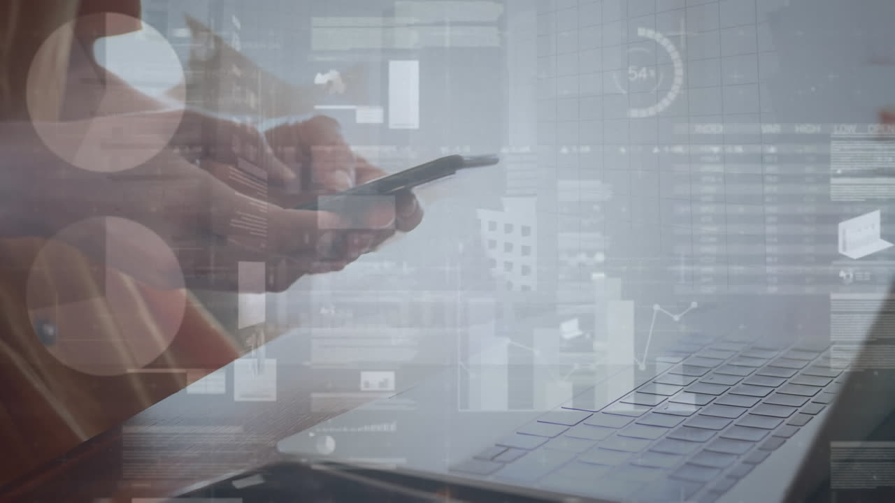 Animation of trading board, midsection of caucasian woman working on laptop and using cellphone