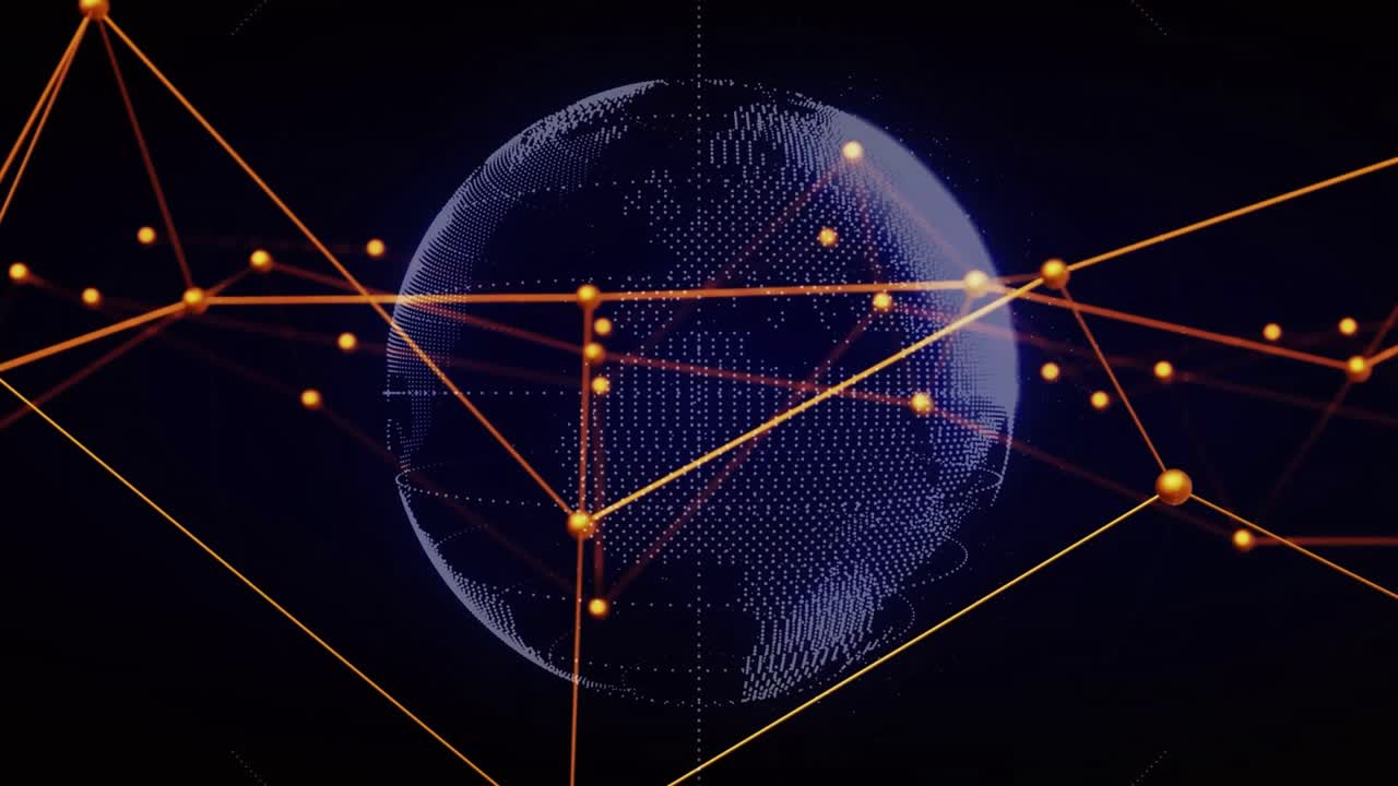 On load blue dotted globe rotating while orange node mesh shifting and showing network links