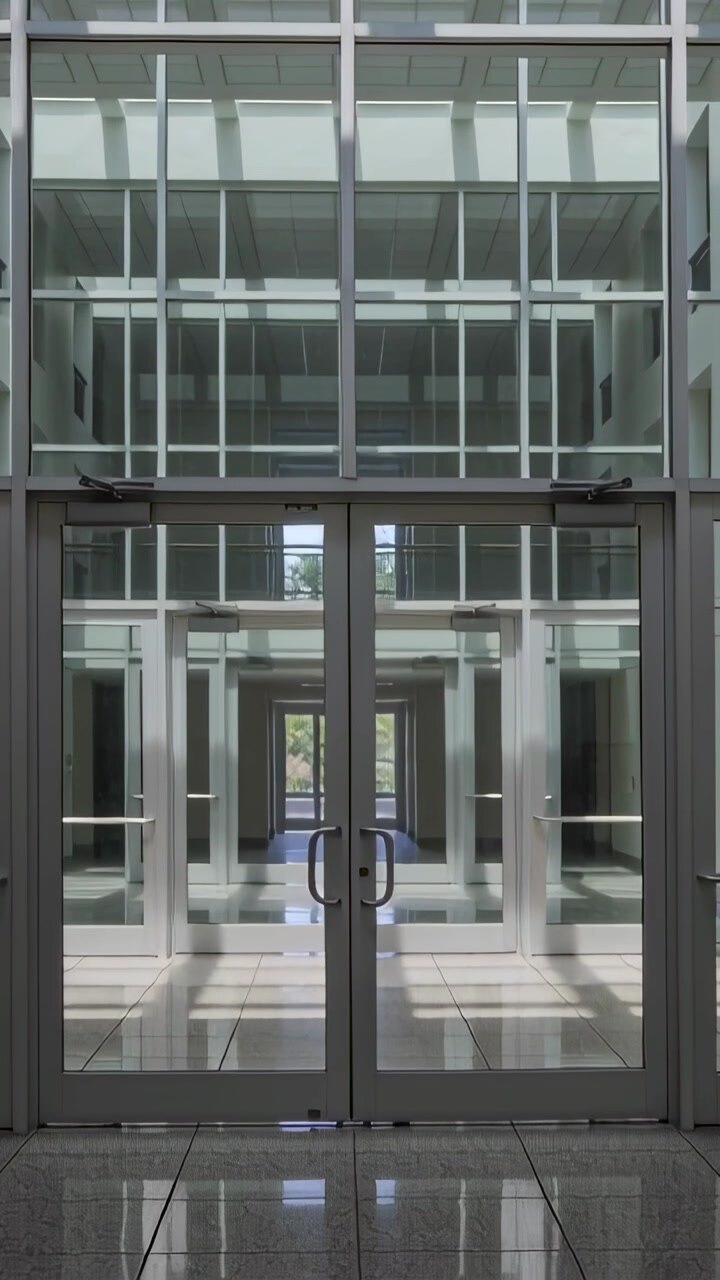 Vertical video: Panning camera revealing double doors and hall in atrium, exposing skylight sheen