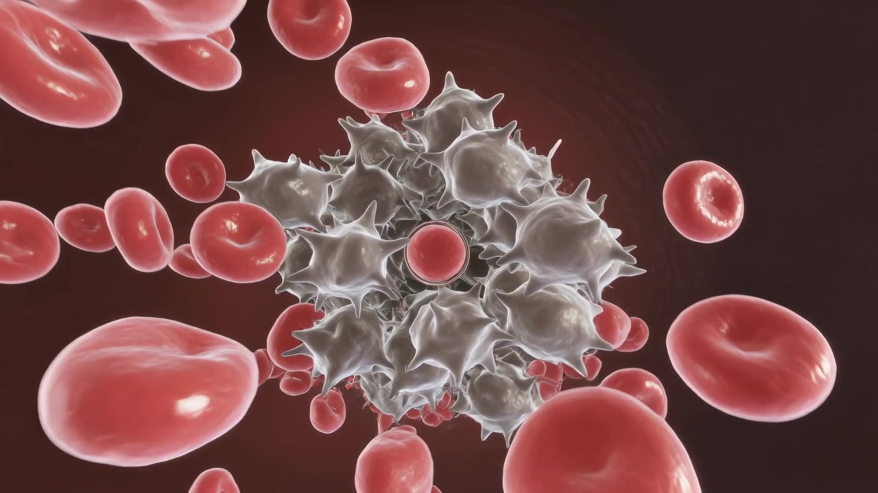 Moving camera drawing grey spiky platelet clot closer for detail in vessel, with red blood cells