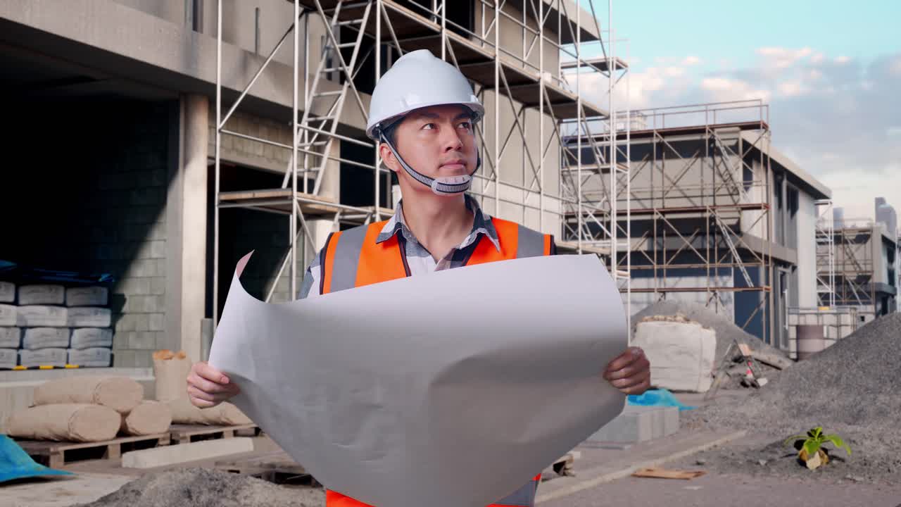 Asian Male Engineer With Safety Helmet Looking At Blueprint In His Hands And Looking Around While Standing At Building & Construction Site in Progress to New House