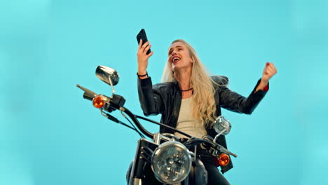 motorbike, phone and woman winning isolated