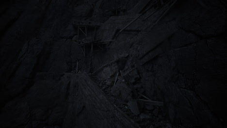 dark rocky terrain with wooden supports in a mining environment during twilight