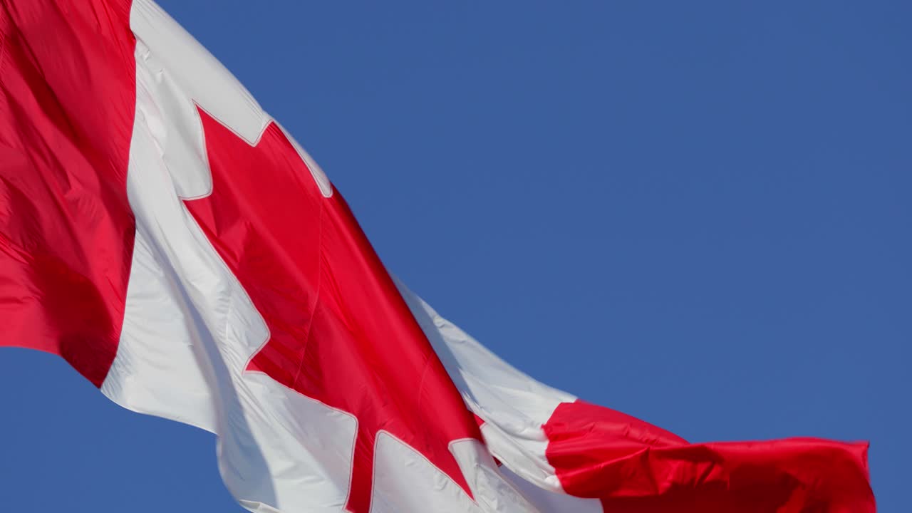 4k - bandera canadiense ondeando al viento en un día claro y soleado