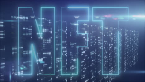 animation of glowing nft text over digital cityscape with futuristic lights