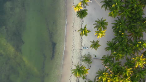 Waves-washing-tropical-sand-beach-with-small-boat-on-shore,-overhead