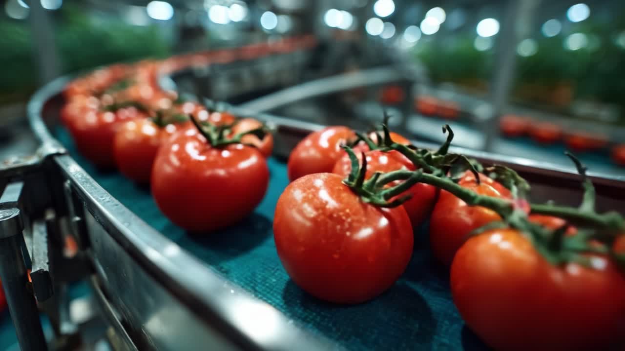 Dynamic Visual of Fresh Tomatoes on a Conveyor Belt in a Modern Processing Facility, Highlighting the Efficient Sorting and Distribution of Quality Produce