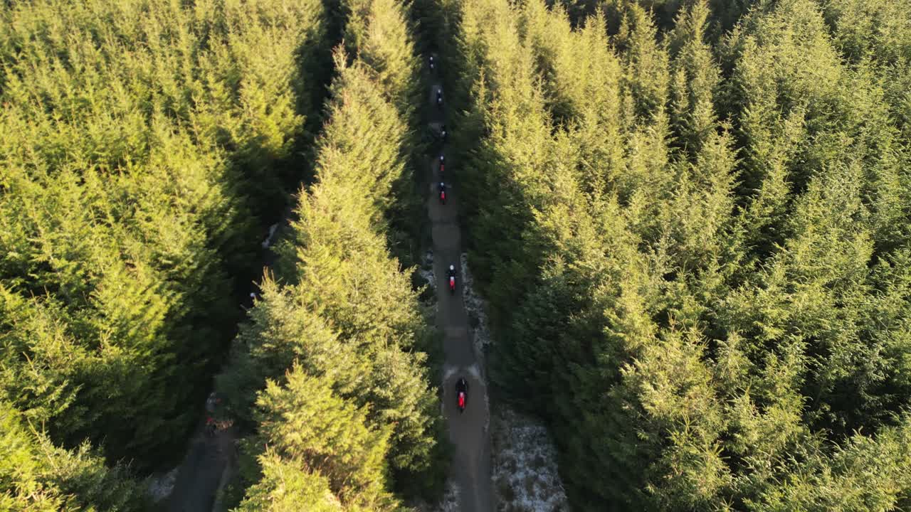 Aerial drone shot from above of offroad motorcycle trail circuit in a Shropshire Forest on a crisp, sunny winter morning - England, UK