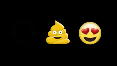 digital animation of heart eyes face emoji and yellow poop icon against black background