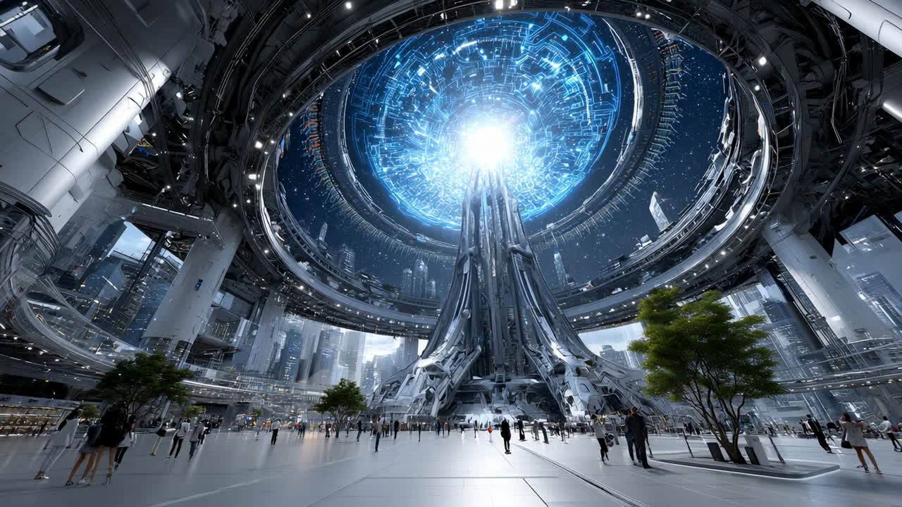 Glowing tower in future city. Advanced urban landscape features a tall glowing structure and people exploring the area