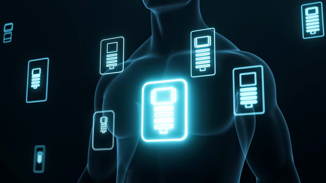 Glowing Chest Server Icon Floating Surrounded By Holographic Server Symbols Over Translucent Torso, Neon Blue