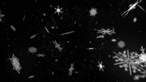 Animation-of-network-of-connections-and-snow-falling-over-black-background