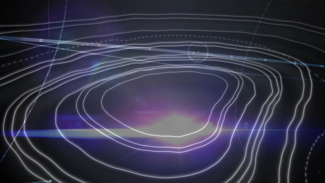 3D data interface animating, showing glowing contour lines, dashed paths and diagonal HUD beams