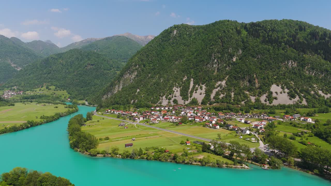 Drone footage Most na Soči bridge and Soča's turquoise waters