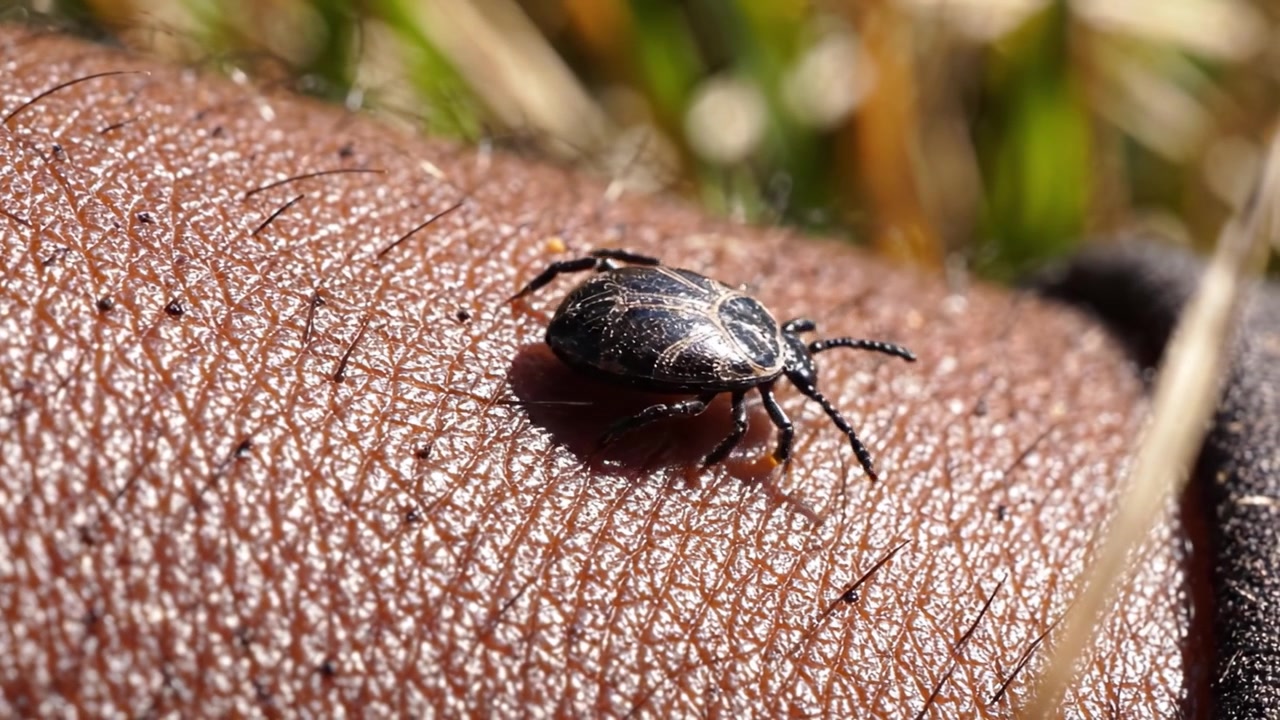 Primo piano di una zecca che striscia sulla pelle, evidenziando i dettagli del suo corpo e della sua texture in un ambiente naturale all'aperto, catturato in due fotogrammi da un video.