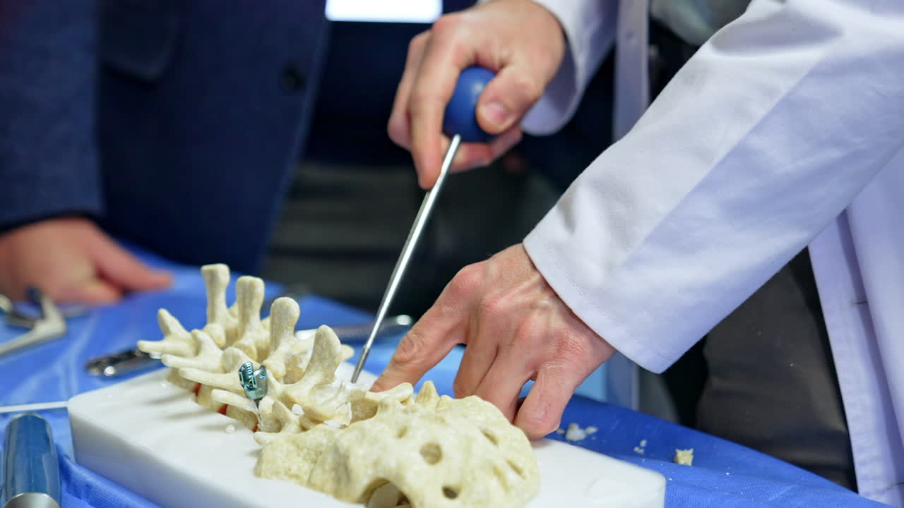 Male hands in white robe applies a tool at the model of spine. Neurosurgery professional is displaying modern instruments application on practice. Close up.