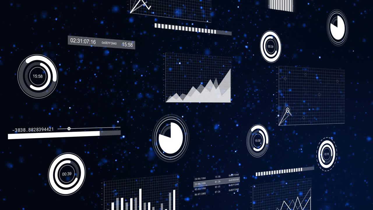 Floating HUD updating on data update, gauges rotating, bars sliding, charts rising showing metrics