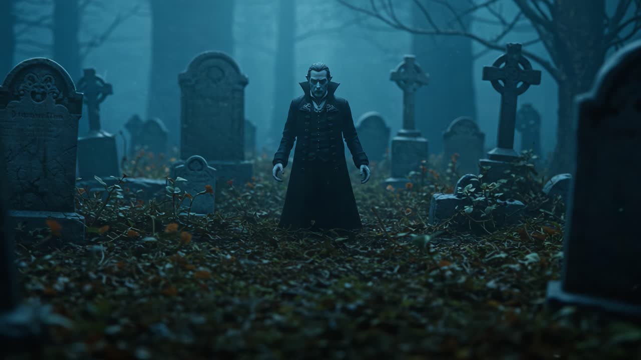 A Mysterious Figure Emerges from the Shadows in an Eerie Graveyard, Surrounded by Ancient Tombstones Amidst the Thick Fog and Spooky Atmosphere