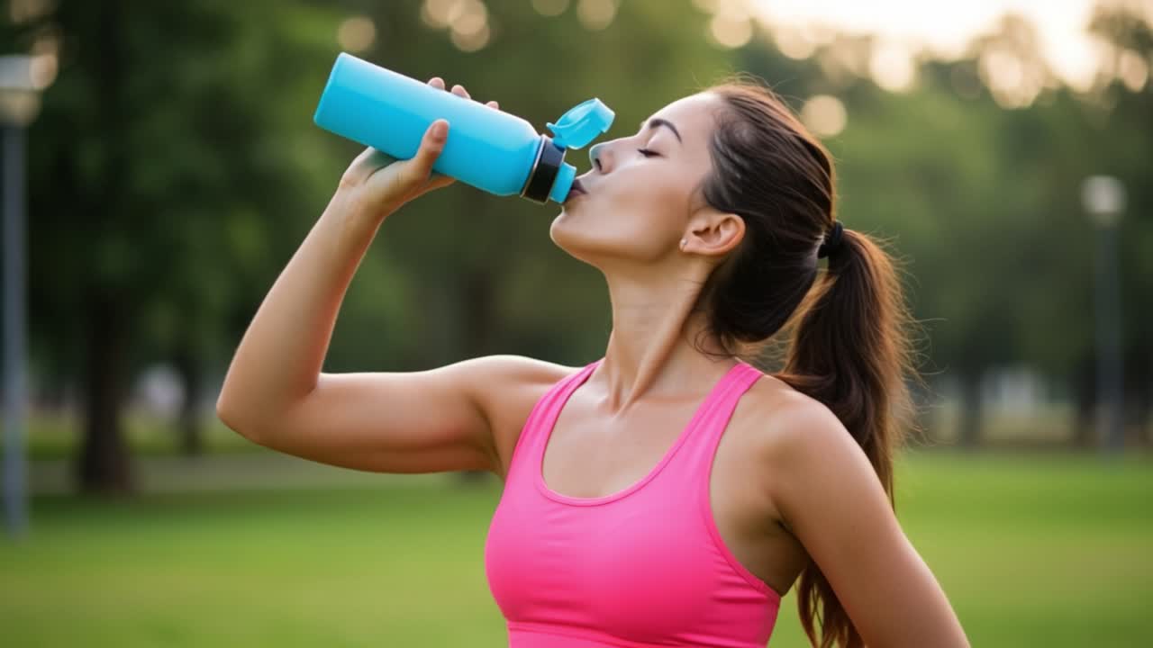 A Young Woman Hydrates After an Intense Workout in a Lush Green Park, Emphasizing the Importance of Staying Hydrated for Optimal Performance and Health