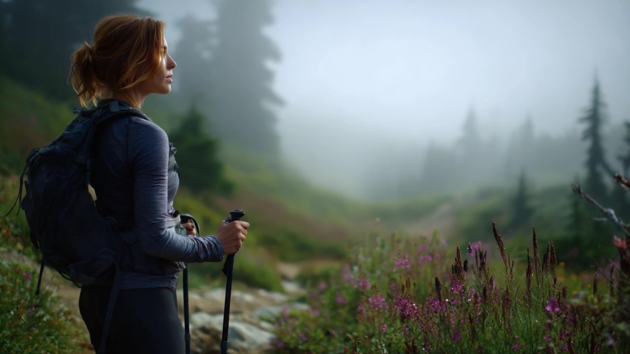 Enchanting Misty Landscape: A Hiker Enjoys the Serenity of Nature While Exploring the Tranquil Beauty of a Lush, Flower-Filled Trail in the Mountain Mist