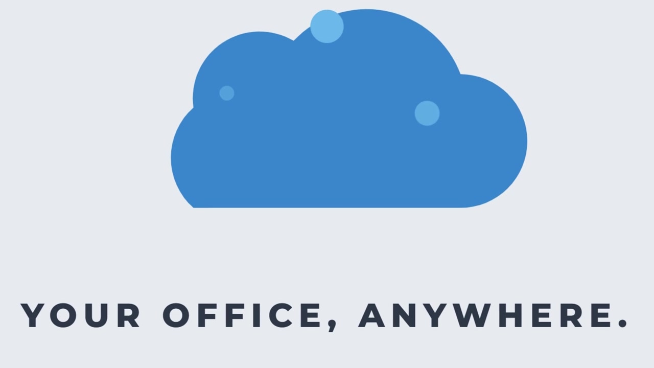 Cloud office typography animation featuring your office anywhere message with floating cloud graphic on minimal background creating modern business visuals