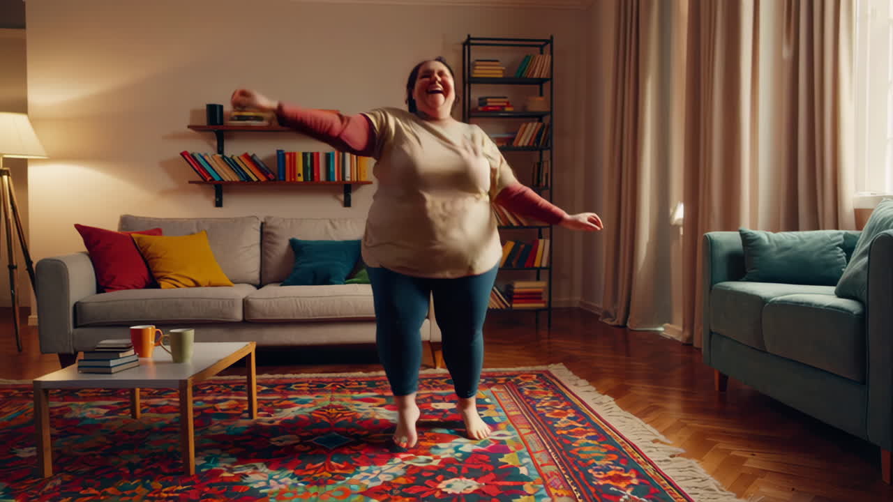 mujer feliz bailando en casa