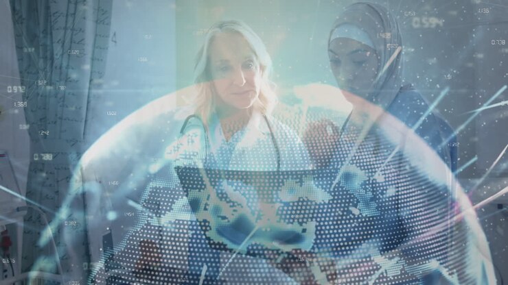 Animation of digital interface over two caucasian female doctors