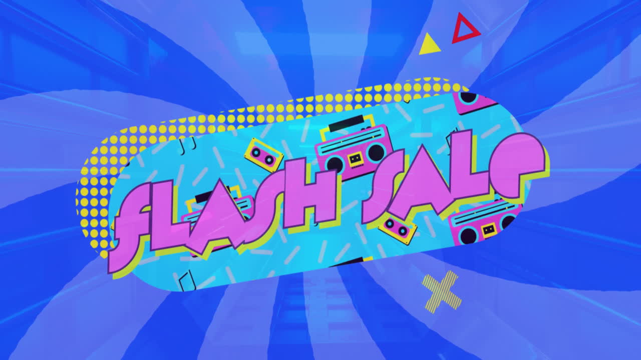 Animation of flash sale text and blue shapes on blue background